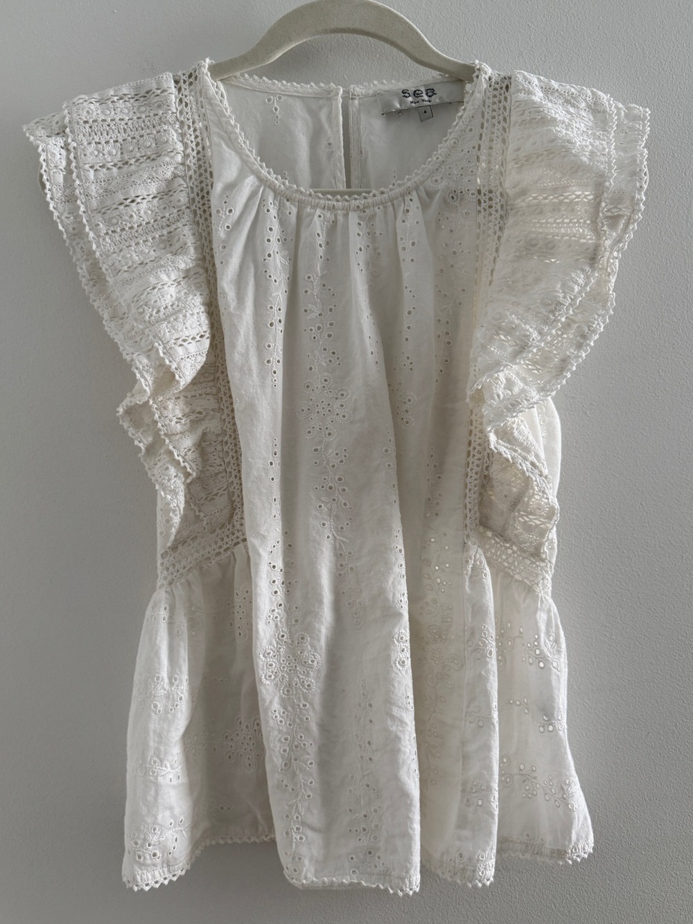 Sea New York Lea Flutter Sleeve Ruffle Eyelet Blouse Ivory White Size 4